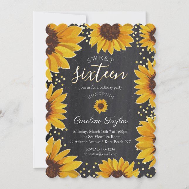 Sunflowers 16th Birthday Chalkboard Invitation (Front)