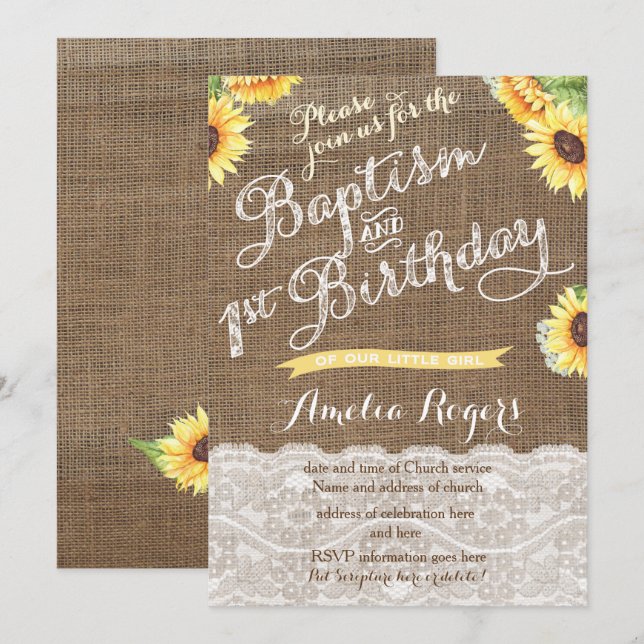 Sunflowers 1st Birthday Baptism for little girl Invitation (Front/Back)