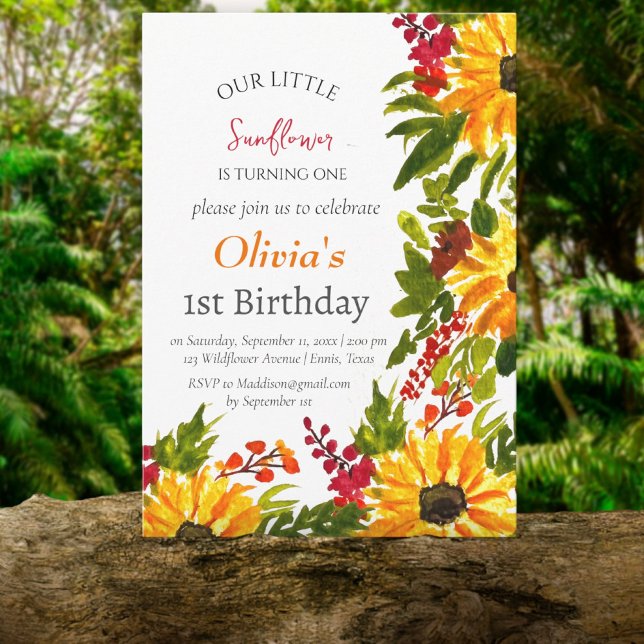 Sunflowers 1st First Birthday Girl Country Floral  Invitation (Creator Uploaded)