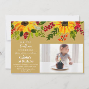 Sunflowers 1st First Birthday Girl Photo Floral Invitation