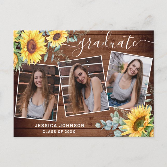 Sunflowers 3 PHOTO Graduation Party Invitation Postcard (Front)