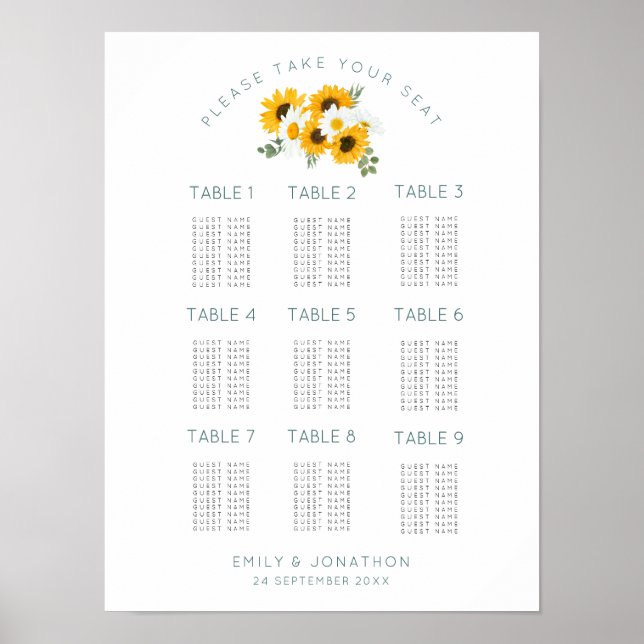 Sunflowers 9 Tables 90 Guest Seating Chart (Front)