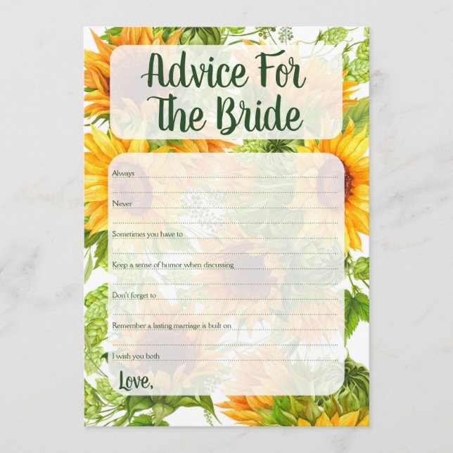 Sunflowers Advice For The Bride Shower Game Card (Front)