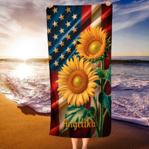 Sunflowers & American Flag Patriotic Floral Summer Beach Towel