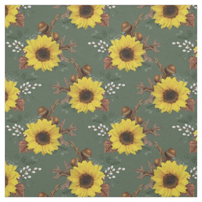 Sunflowers and Acorns on Green Fabric (Swatch)