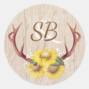 Sunflowers and Antlers Rustic Country Wedding Classic Round Sticker