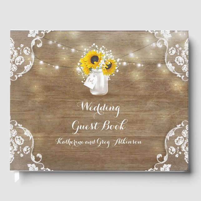 Sunflowers and Baby's Breath Rustic Wood Wedding Guest Book (Front)