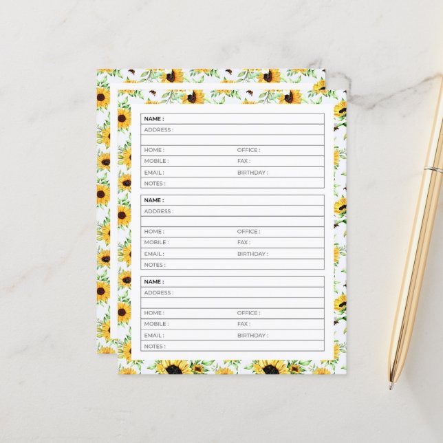Sunflowers and bees address book page (Front/Back In Situ)
