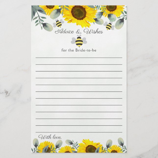 Sunflowers and Bees Bridal Shower Advice Wishes (Front)