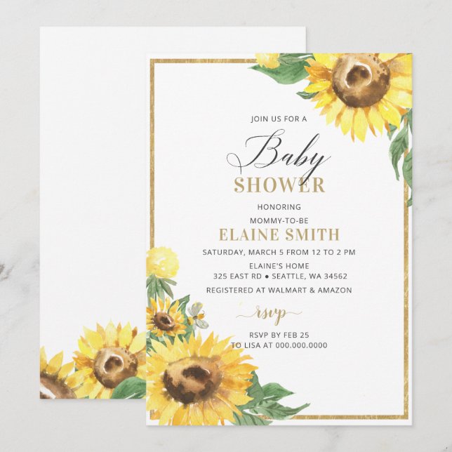 Sunflowers and Bees Gender Neutral Baby Shower Invitation (Front/Back)