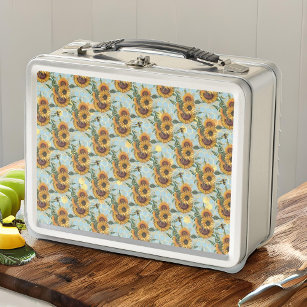 Sunflowers and Bees on Vintage Aqua Metal Lunch Box
