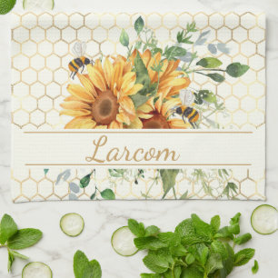 Sunflowers and bees personalised tea towel