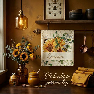 Sunflowers and bees personalised tea towel