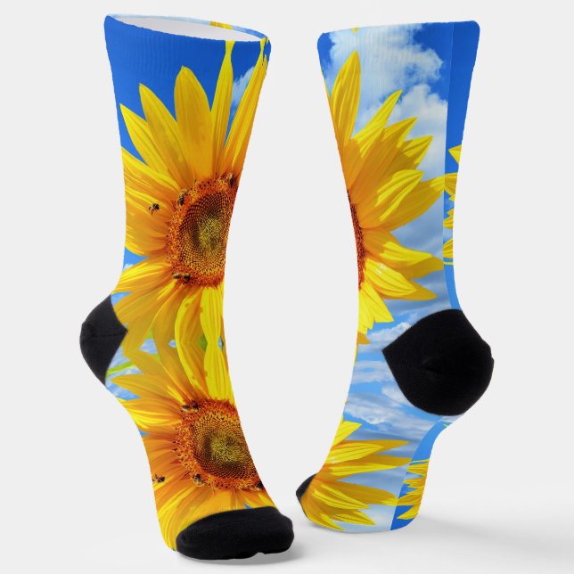 Sunflowers and Bees Socks Blue Sky (Angled)