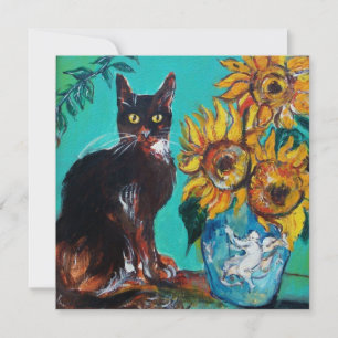 SUNFLOWERS AND BLACK CAT IN BLUE TEAL Summer Party