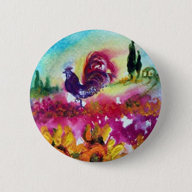 SUNFLOWERS AND BLACK ROOSTER 6 CM ROUND BADGE (Front)