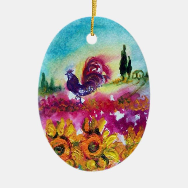 SUNFLOWERS AND BLACK ROOSTER CERAMIC TREE DECORATION (Front)