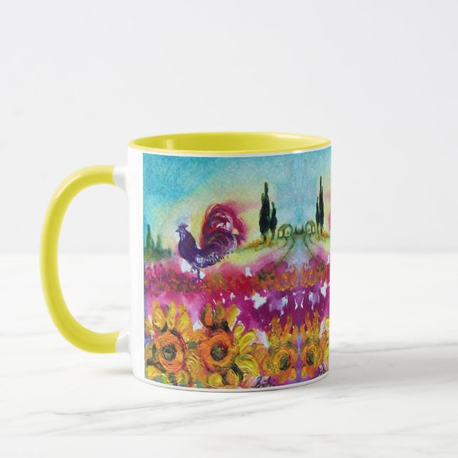 SUNFLOWERS AND BLACK ROOSTER MUG (Left)