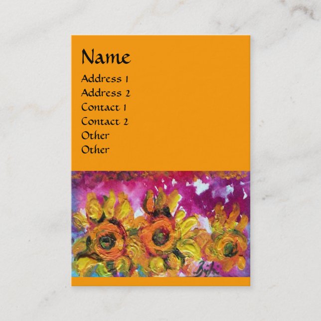 SUNFLOWERS AND BLACK ROOSTER, Orange Yellow Business Card (Front)