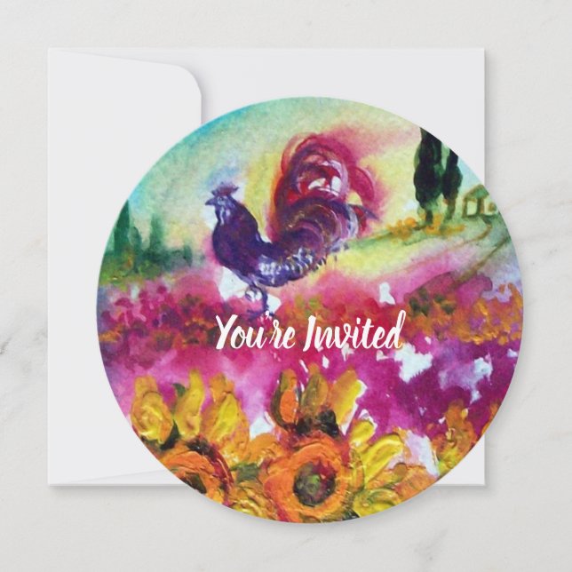 SUNFLOWERS AND BLACK ROOSTER Rustic Landscape Invitation (Front)