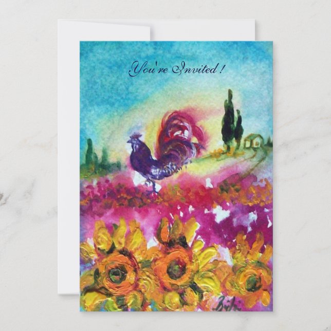 SUNFLOWERS AND BLACK ROOSTER Rustic Landscape Invitation (Front)