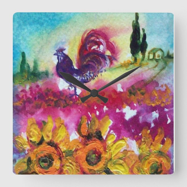 SUNFLOWERS AND BLACK ROOSTER SQUARE WALL CLOCK (Front)