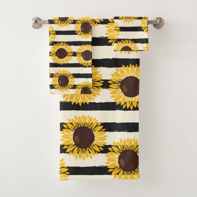 Sunflowers and Black Stripes  Bath Towel Set (Insitu)