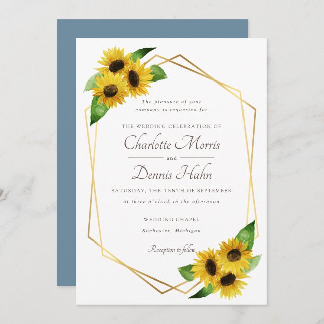 Sunflowers and blue wedding invitation (Front/Back)