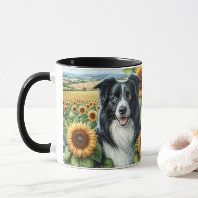 Sunflowers and  Border Collie Dog Lover Mug (With Donut)