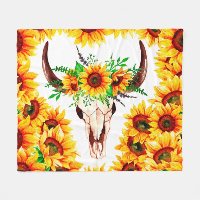 Sunflowers and Bull Skull  Fleece Blanket (Front (Horizontal))
