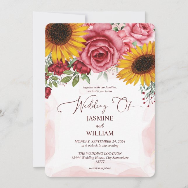 Sunflowers and Burgundy Red Roses Floral Wedding Invitation (Front)