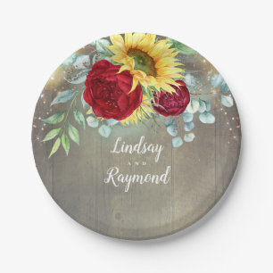 Sunflowers and Burgundy Red Roses Rustic Country Paper Plate