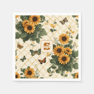 Sunflowers and Butterflies on Light Yellow Napkin