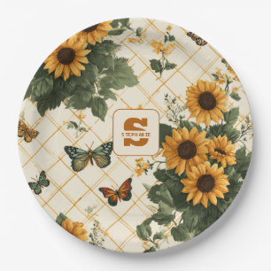 Sunflowers and Butterflies on Light Yellow Paper Plate