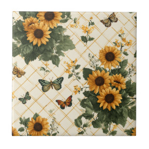Sunflowers and Butterflies on Light Yellow Tile