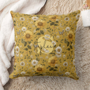 Sunflowers and Butterflies on Yellow Background 1 Cushion