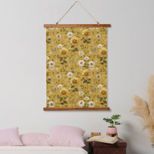 Sunflowers and Butterflies on Yellow Background 1 Hanging Tapestry