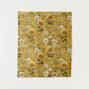 Sunflowers and Butterflies on Yellow Background 1 Tapestry
