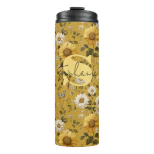Sunflowers and Butterflies on Yellow Background 1 Thermal Tumbler