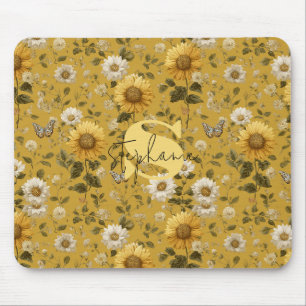 Sunflowers and Butterflies on Yellow Background Mouse Pad