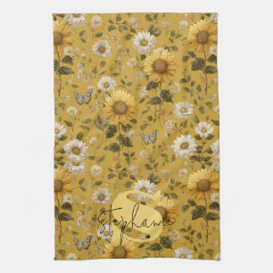 Sunflowers and Butterflies on Yellow Background Tea Towel