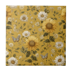 Sunflowers and Butterflies on Yellow Background Tile