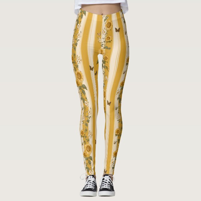 Sunflowers and Butterflies on Yellow Stripes (2) Leggings (Front)