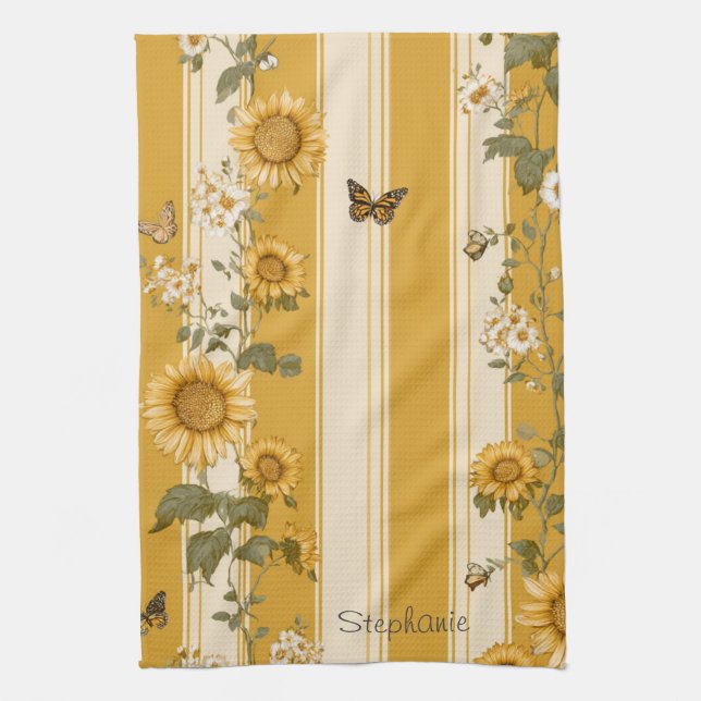 Sunflowers and Butterflies on Yellow Stripes (2) Tea Towel (Vertical)
