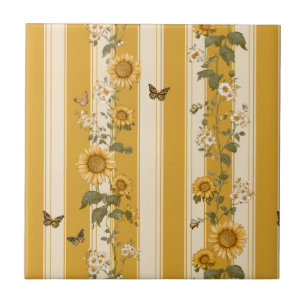 Sunflowers and Butterflies on Yellow Stripes (2) Tile
