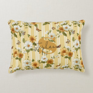Sunflowers and Butterflies on Yellow Stripes (3) Decorative Cushion