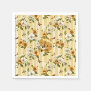 Sunflowers and Butterflies on Yellow Stripes (3) Napkin