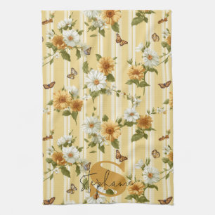Sunflowers and Butterflies on Yellow Stripes (3) Tea Towel