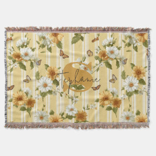 Sunflowers and Butterflies on Yellow Stripes (3) Throw Blanket