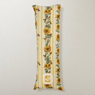 Sunflowers and Butterflies on Yellow Stripes Body Cushion